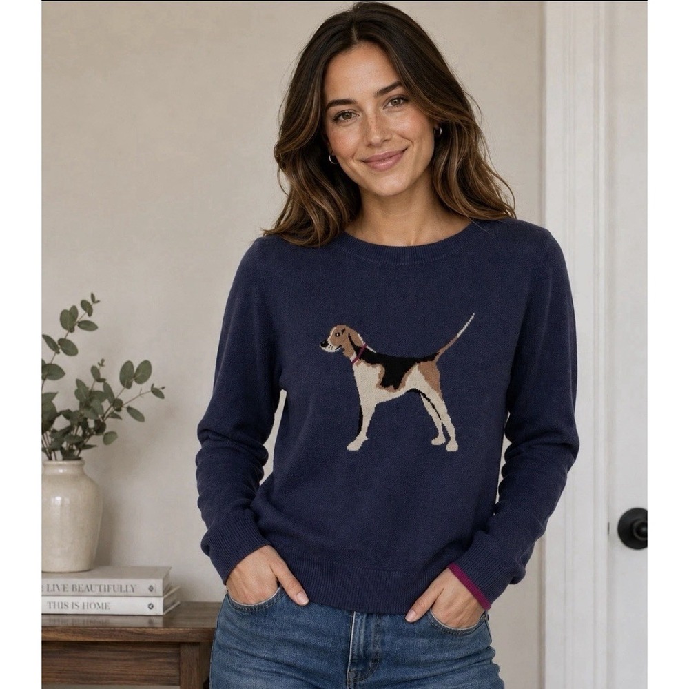 Joules Dog Sweater Jumper Marsha Intarsia US 12 UK 16 Navy Blue Beagle British